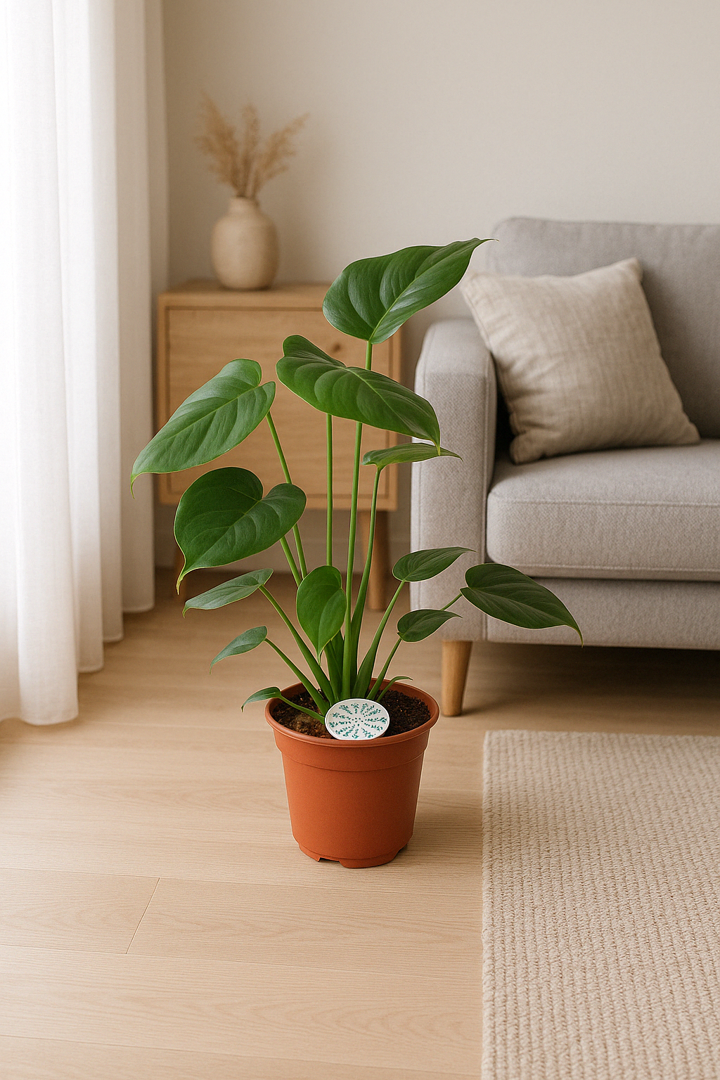Monstera Deliciosa (Gatenplant / Swiss Cheese Plant) in pot Ø17cm – glanzende bladeren met karakteristieke gaten, hoogte ±60cm, ideale tropische kamerplant voor halfschaduw.