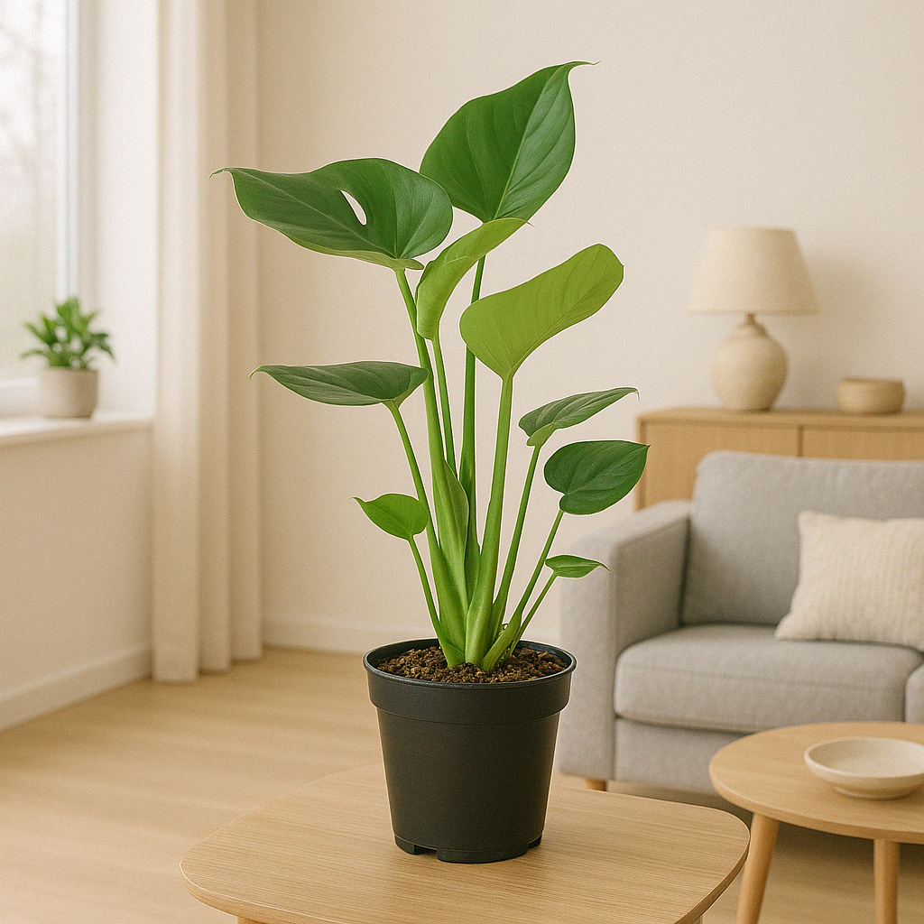 Monstera Deliciosa (Gatenplant / Swiss Cheese Plant) in pot Ø17cm – glanzende bladeren met karakteristieke gaten, hoogte ±60cm, ideale tropische kamerplant voor halfschaduw.