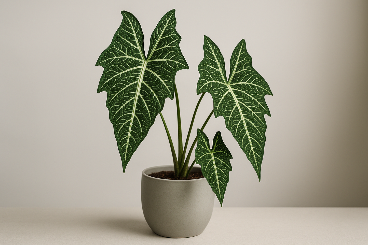 Alocasia Jacklyn.De Alocasia Jacklyn, of Alocasia 'Tandurusa', is een tropische kamerplant met opvallend, diep ingesneden, pijlvormige bladeren met unieke donkere nerven en een haartjes-textuur. Deze plant, die oorspronkelijk uit de regenwouden van Sulawesi komt, vereist een lichte standplaats zonder direct zonlicht, een warme en vochtige omgeving (luchtvochtigheid >60%), en constante, vochtige, maar goed doorlatende grond. De plant is giftig voor huisdieren en kan huidirritatie veroorzaken, dus handschoene