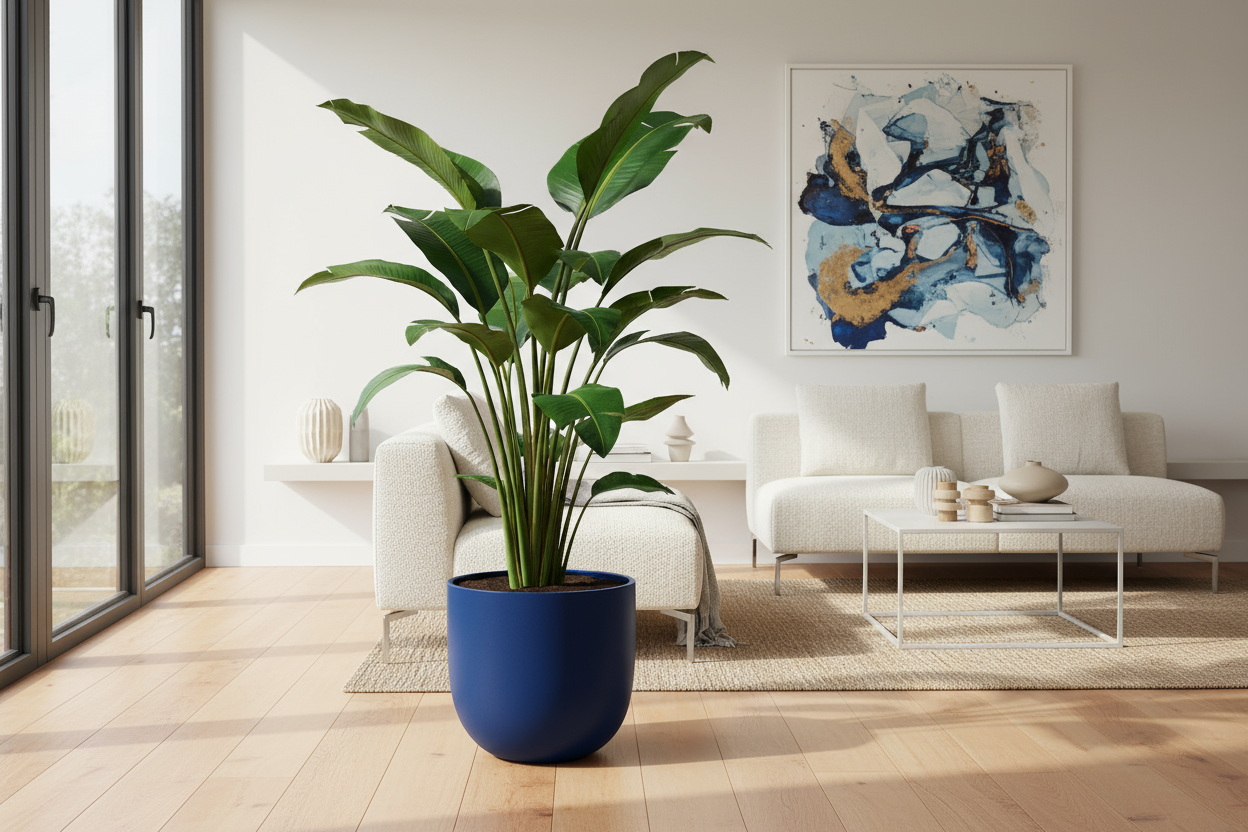 Strelitzia Nicolai in woonkamer met blauwe elho pot rond