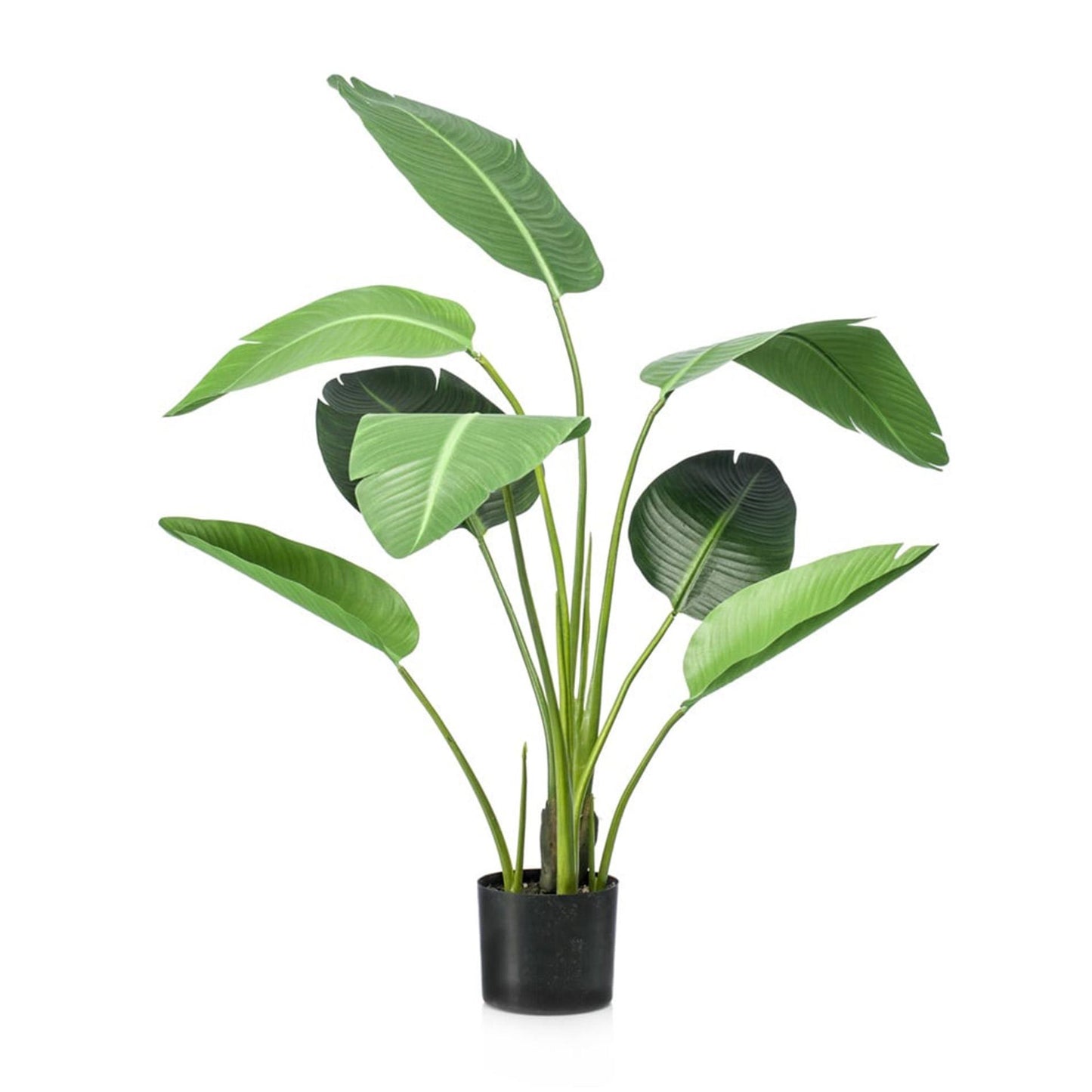 Strelitzia kunstplant van 120 cm met glanzende groene bladeren en oranje bloemen in zwarte pot – onderhoudsvriendelijke tropische kamerplant voor woonkamer, kantoor of hal