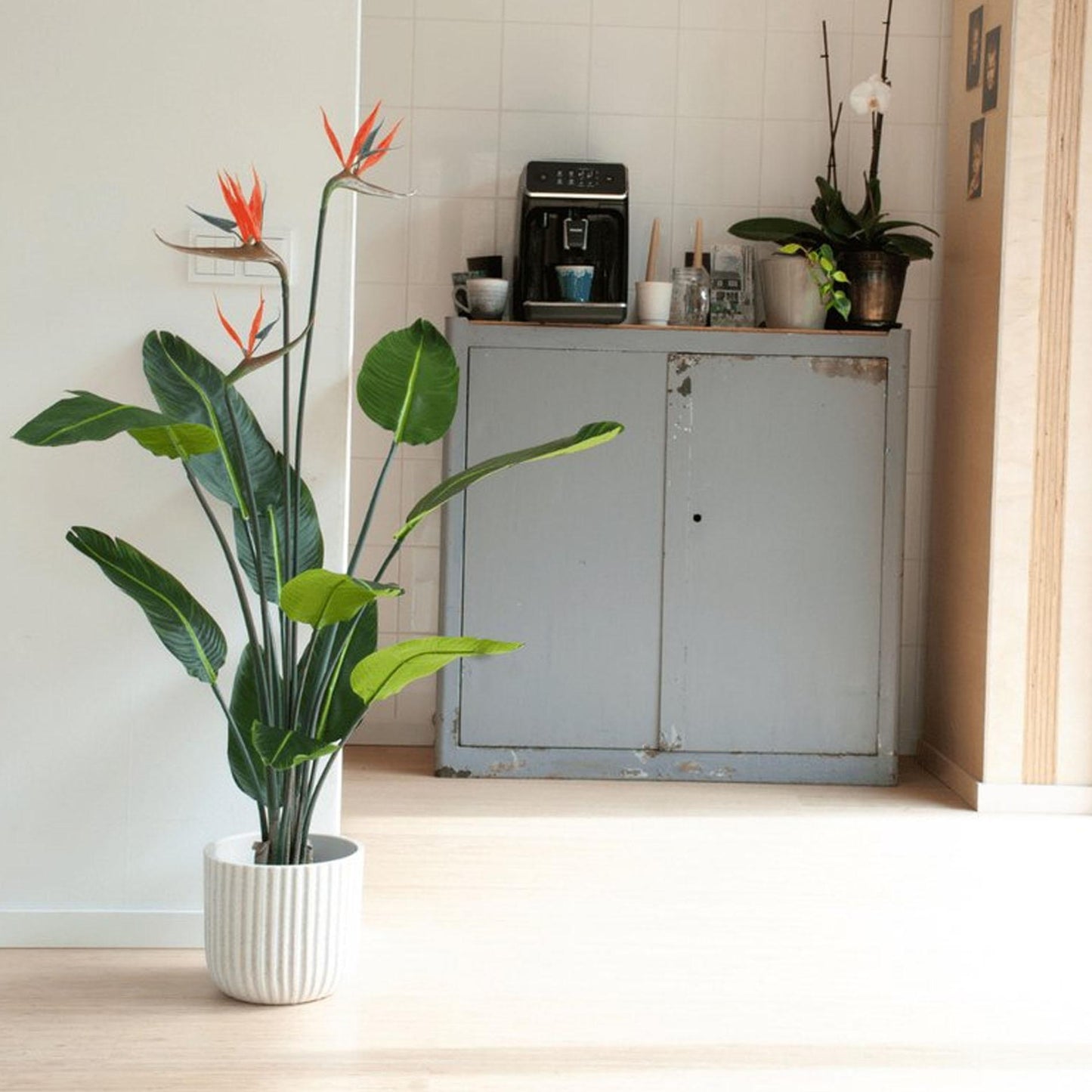 Strelitzia kunstplant van 120 cm met oranje bloemen in zwarte pot – onderhoudsvriendelijke tropische plant voor woonkamer, kantoor of hal