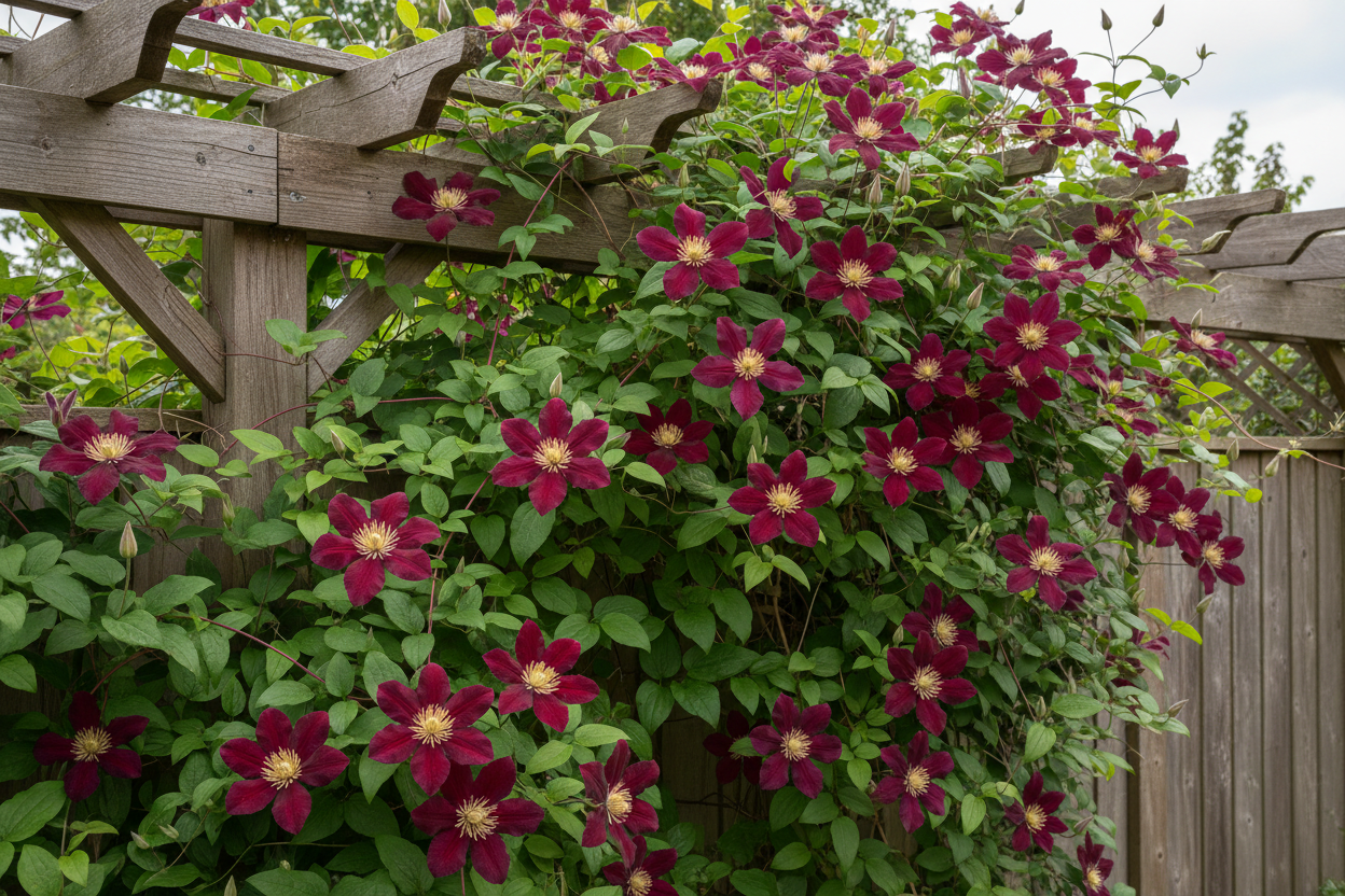 Clematis Niobe klimplant pergola of schutting