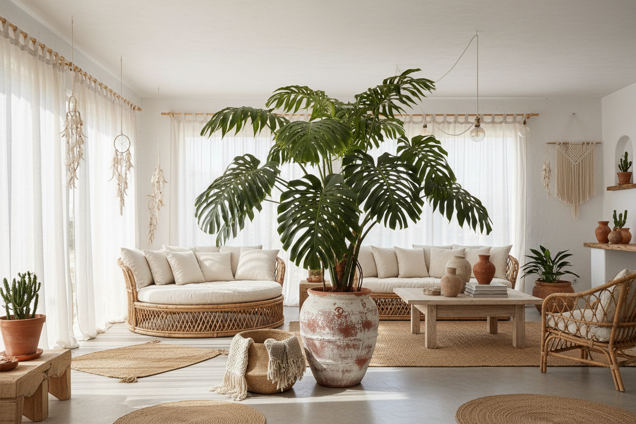 Monstera Pertusum XL in woonkamer ibiza style. Planttoday actie korting blackfriday