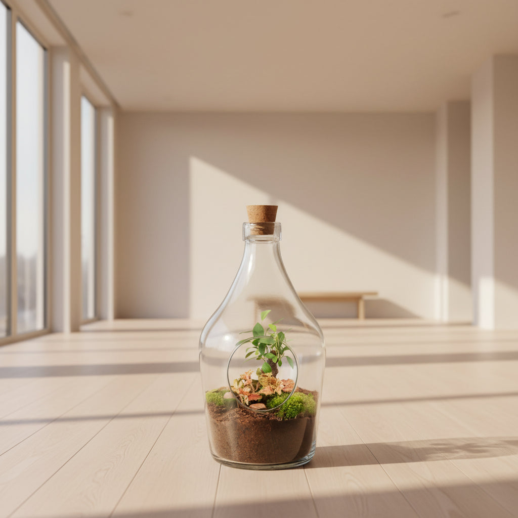 Open terrarium met bonsai en fittonia voor interieur. Actieprijs. Met Korting