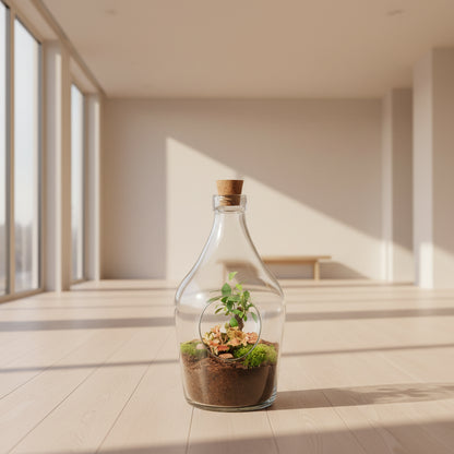 Open terrarium met bonsai en fittonia voor interieur. Actieprijs. Met Korting