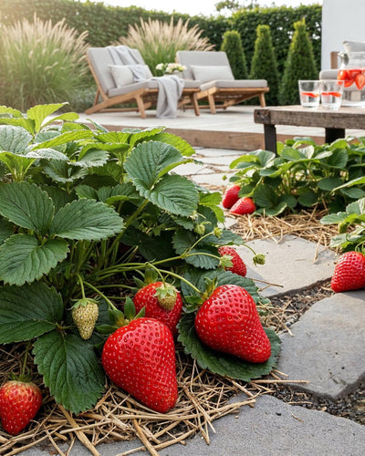 Rode aardbeiplant in pot voor tuin en balkon