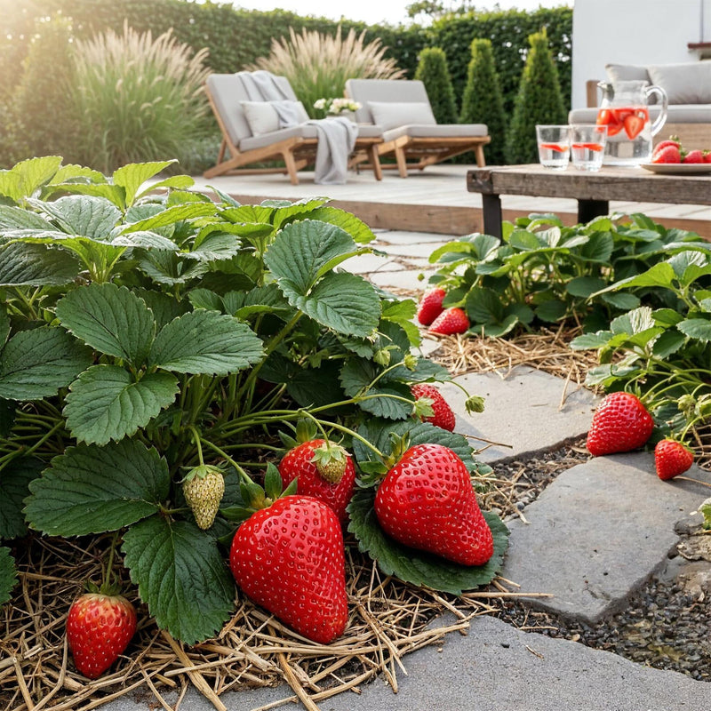 Rode aardbeiplant in pot voor tuin en balkon