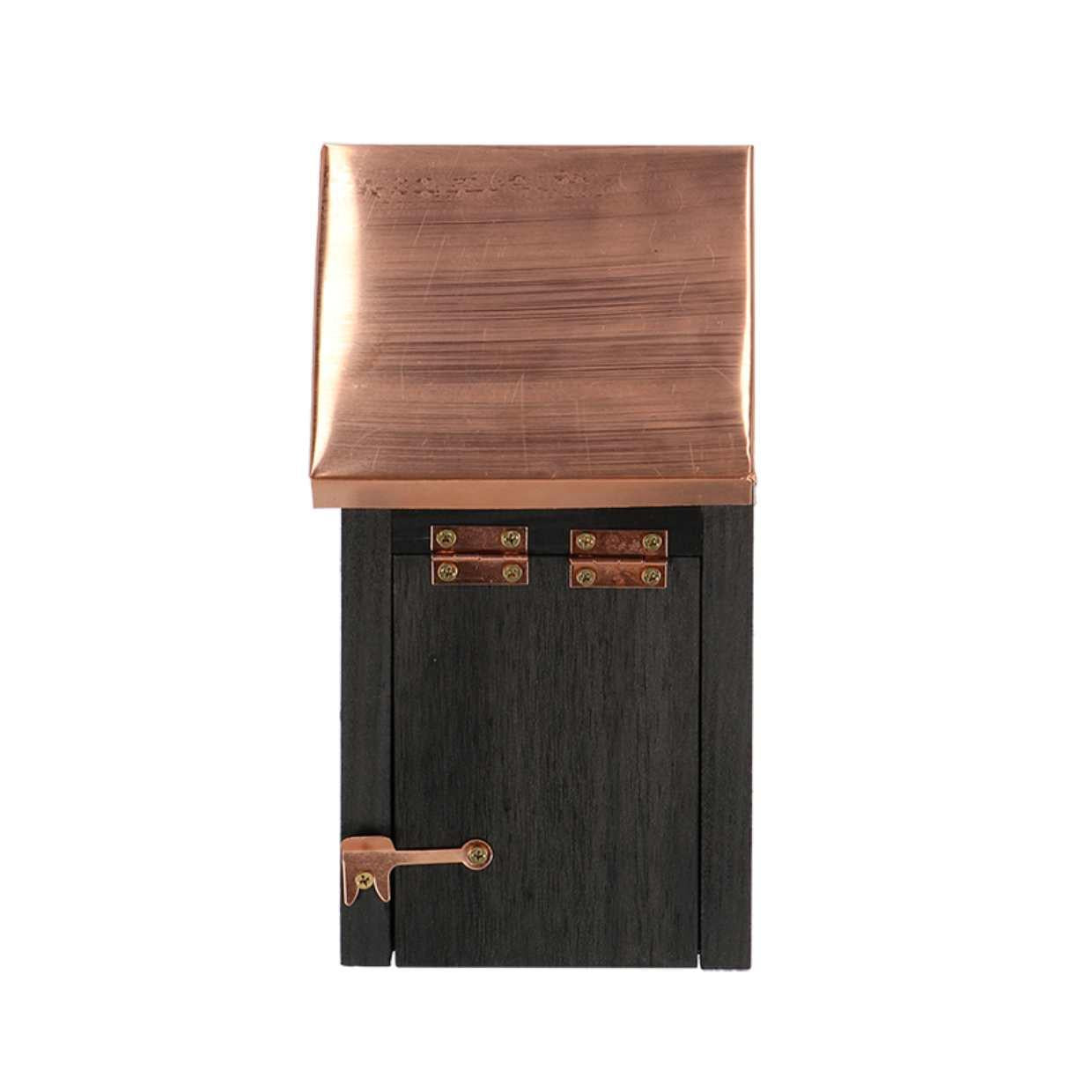 Nestkast van vurenhout in zwart met koperaccenten, geschikt voor Winterkoning en kleine vogels.