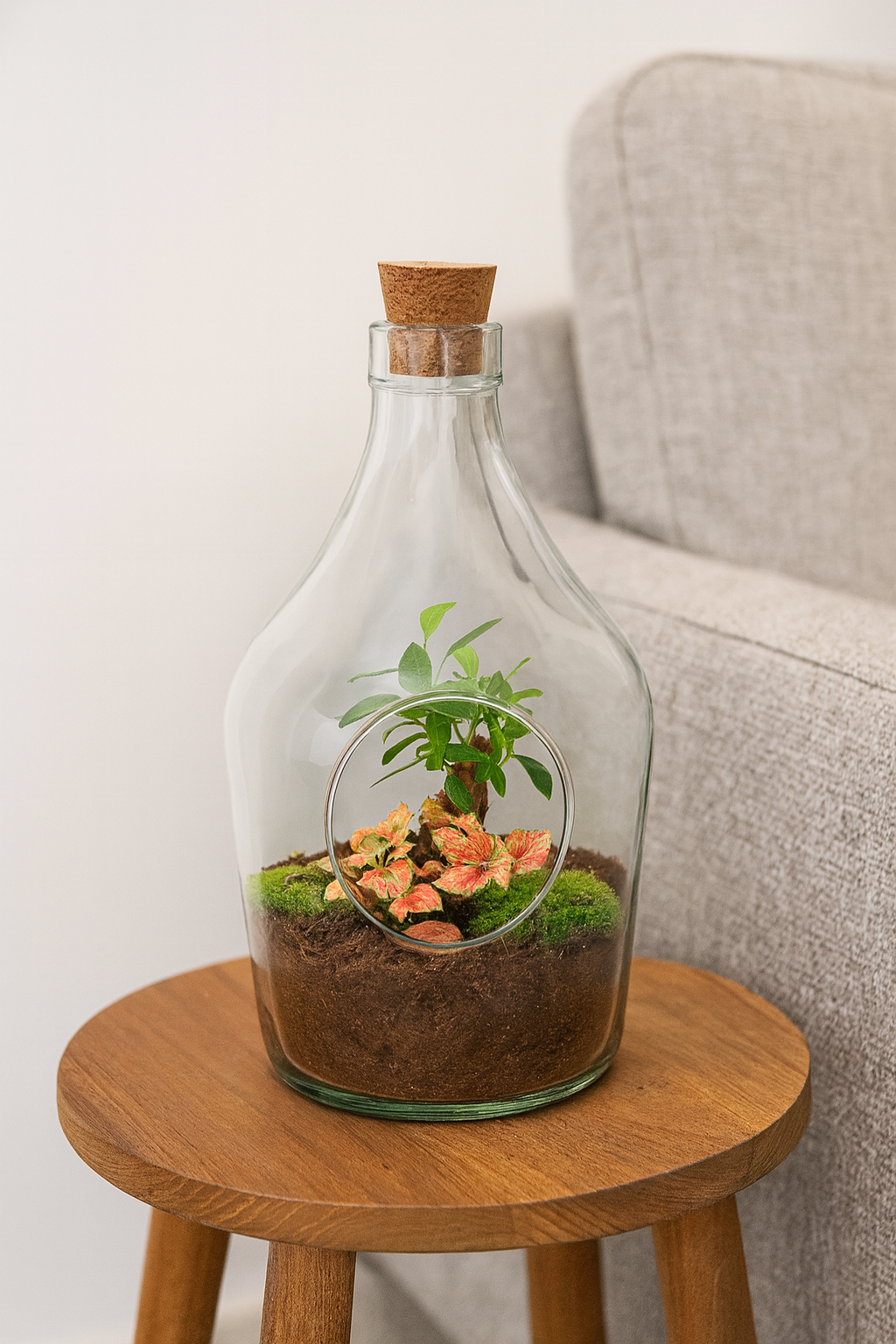 Open terrarium met bonsai en fittonia voor interieur