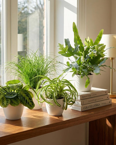 Huisdiervriendelijke kamerplantenmix met groen blad in witte pot