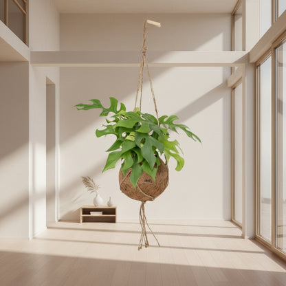 Hangende kamerplant met gespleten bladeren in kokodama.praxis