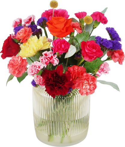 Kleurrijk brievenbusboeket met seizoensbloemen.