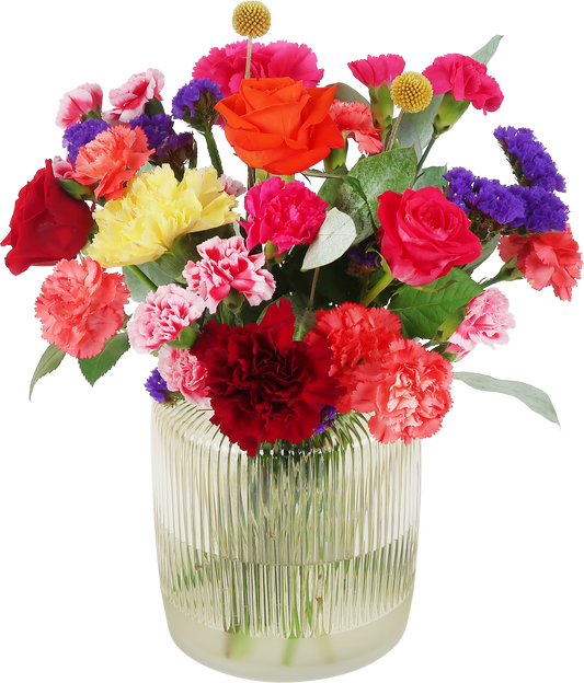 Kleurrijk brievenbusboeket met seizoensbloemen.