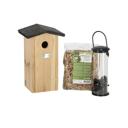 Koolmeespakket met nestkast, voedersysteem en winterstrooivoer – compleet cadeau voor tuinvogels