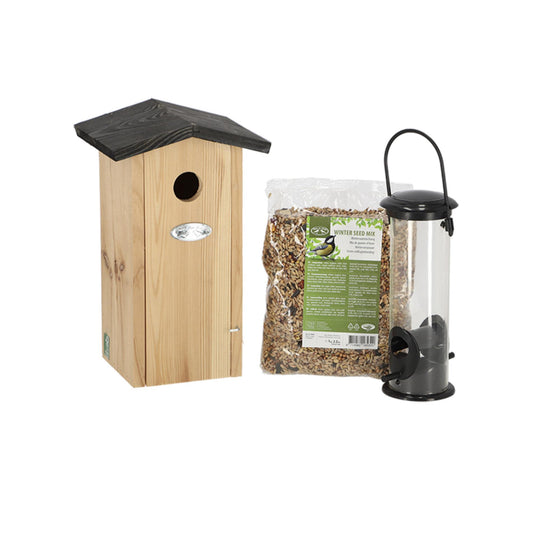 Koolmeespakket met nestkast, voedersysteem en winterstrooivoer – compleet cadeau voor tuinvogels