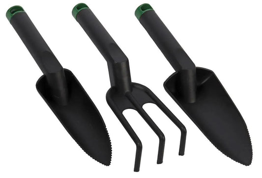 ECO Handgereedschapset 3-delig van gerecycled kunststof. Licht, duurzaam en weerbestendig – ideaal voor verplanten, harken en onkruid verwijderen.”
