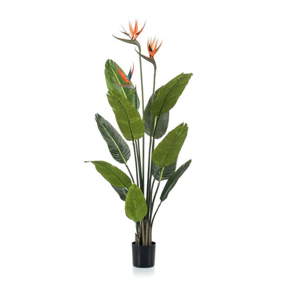 Strelitzia kunstplant van 120 cm met oranje bloemen in zwarte pot – onderhoudsvriendelijke tropische plant voor woonkamer, kantoor of hal. Planttoday