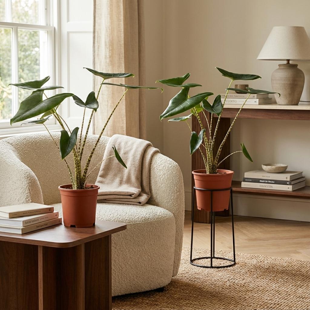 Alocasia met zebraprint stelen en grote tropische bladeren