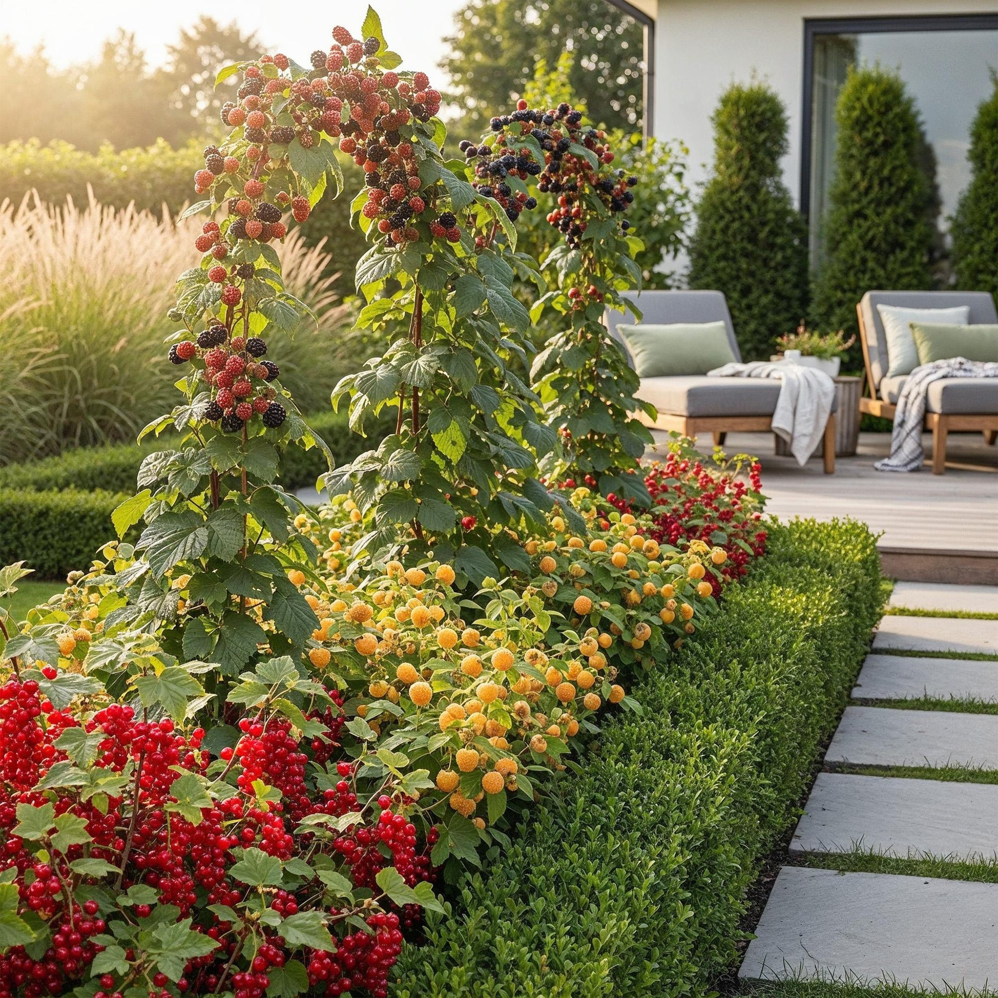 Drie winterharde fruitplanten met bessen en frambozen voor tuin. Planttoday