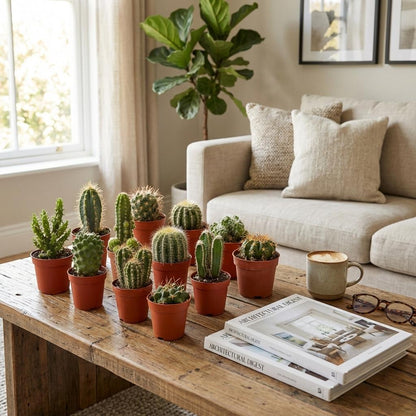 Mini cactussen set in terracotta potten voor zonnige plekken