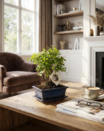 Bonsai miniatuurboom bolvormige kruin in keramische schaal