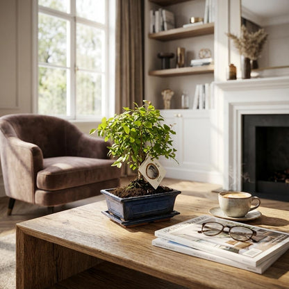 Bonsai miniatuurboom bolvormige kruin in keramische schaal