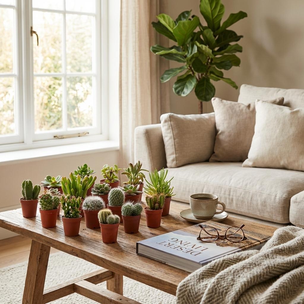 Mini cactus- en vetplantmix in kleine potjes.