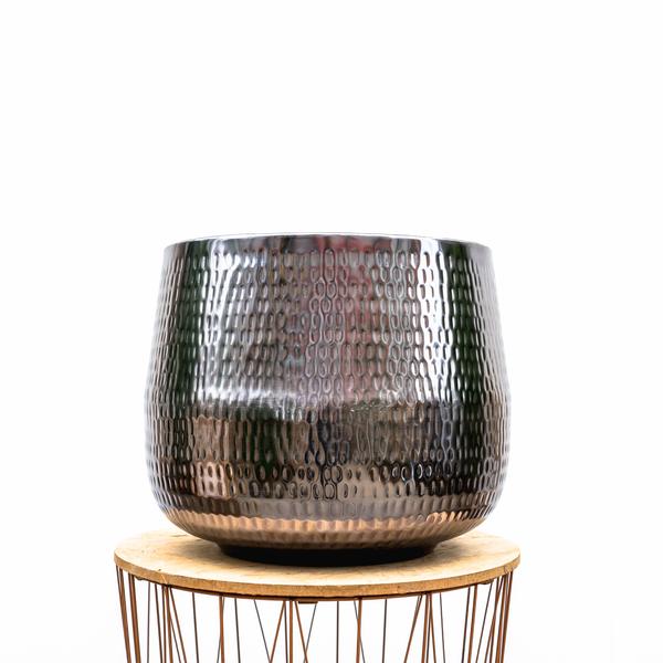 Zwarte bloempot Jenna Lead met zilverachtige glans, ronde vorm – diameter 39 cm, hoogte 33 cm – moderne pot voor kamerplanten