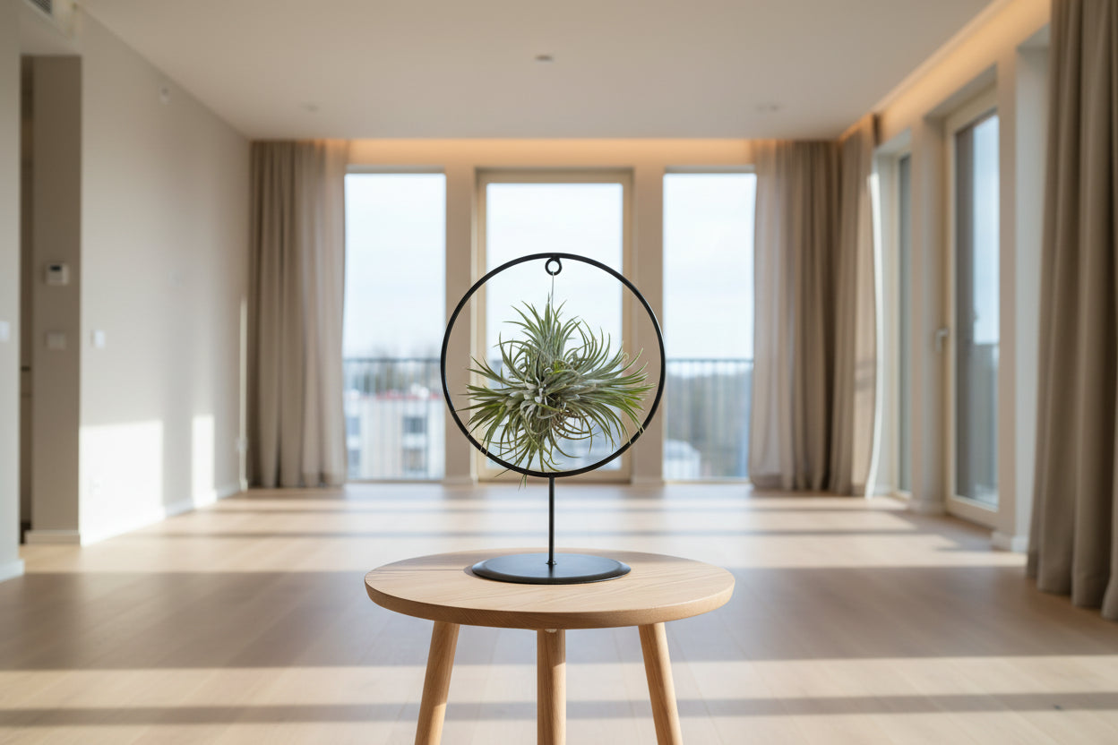 Tillandsia luchtplant met zilvergroene bladeren in decoratieve ring

Research
